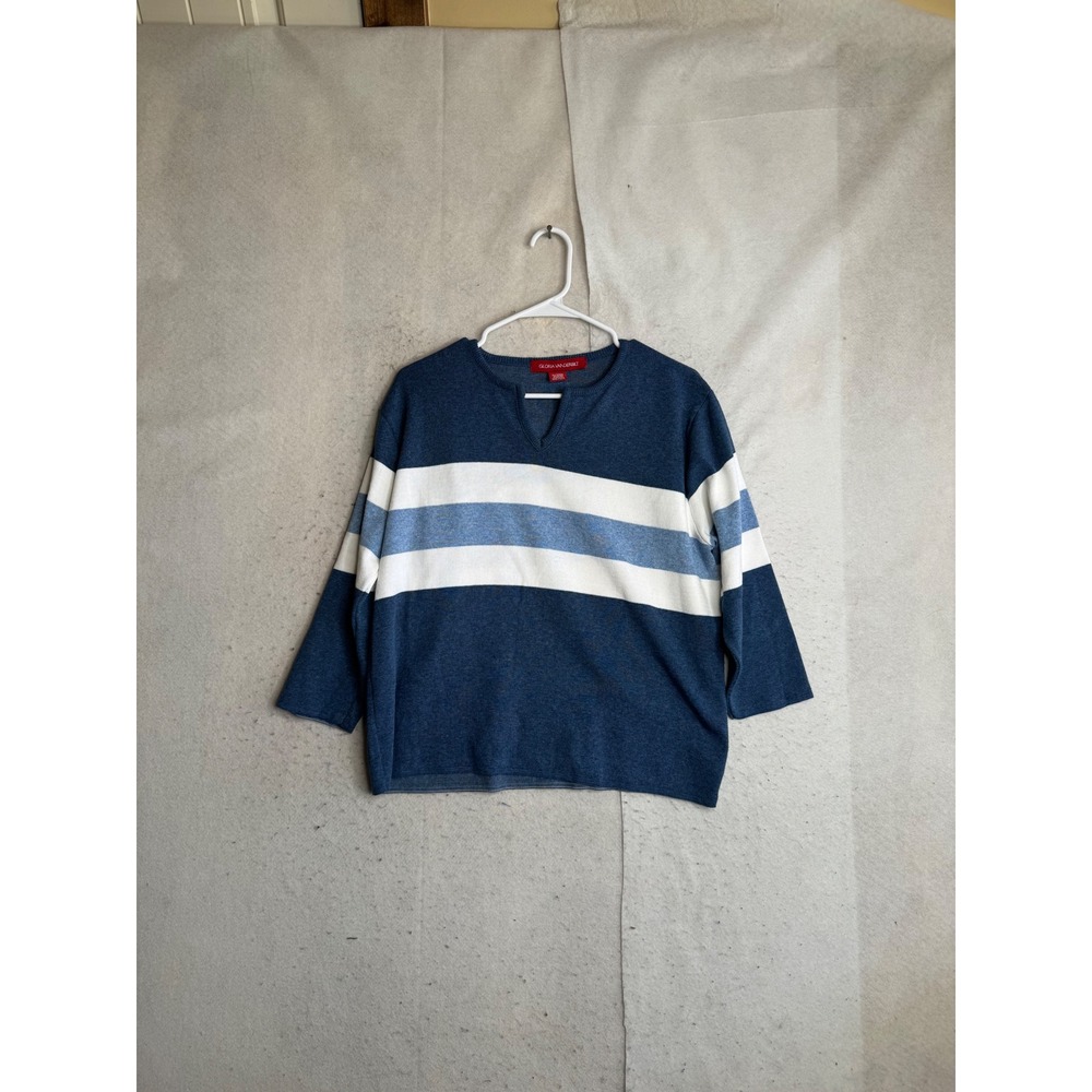 Gloria Vanderbilt Womens Blue White Striped Notched Neck Sweater Size XL 100301